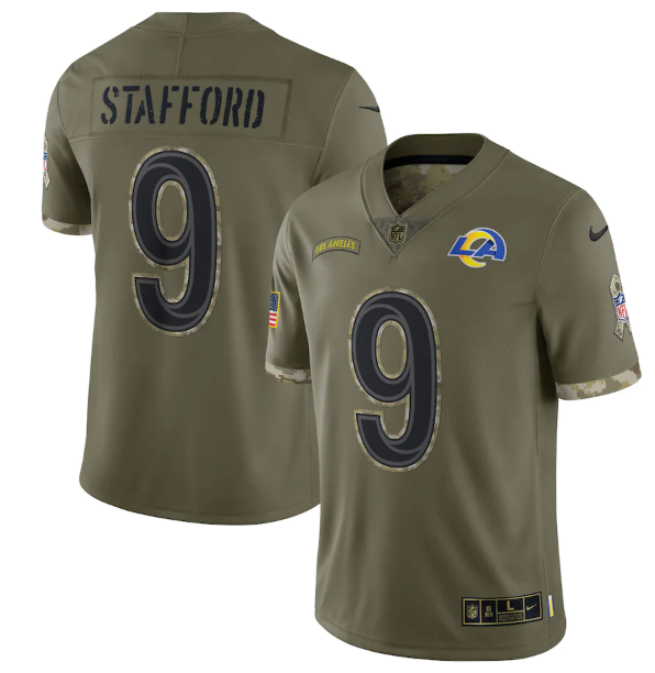 Men's Los Angeles Rams #9 Matthew Stafford Olive 2022 Salute To Service Limited Stitched Jersey Men's Los Angeles Rams #9 Matthew Stafford Olive 2022 Salute To Service Limited Stitched Jersey